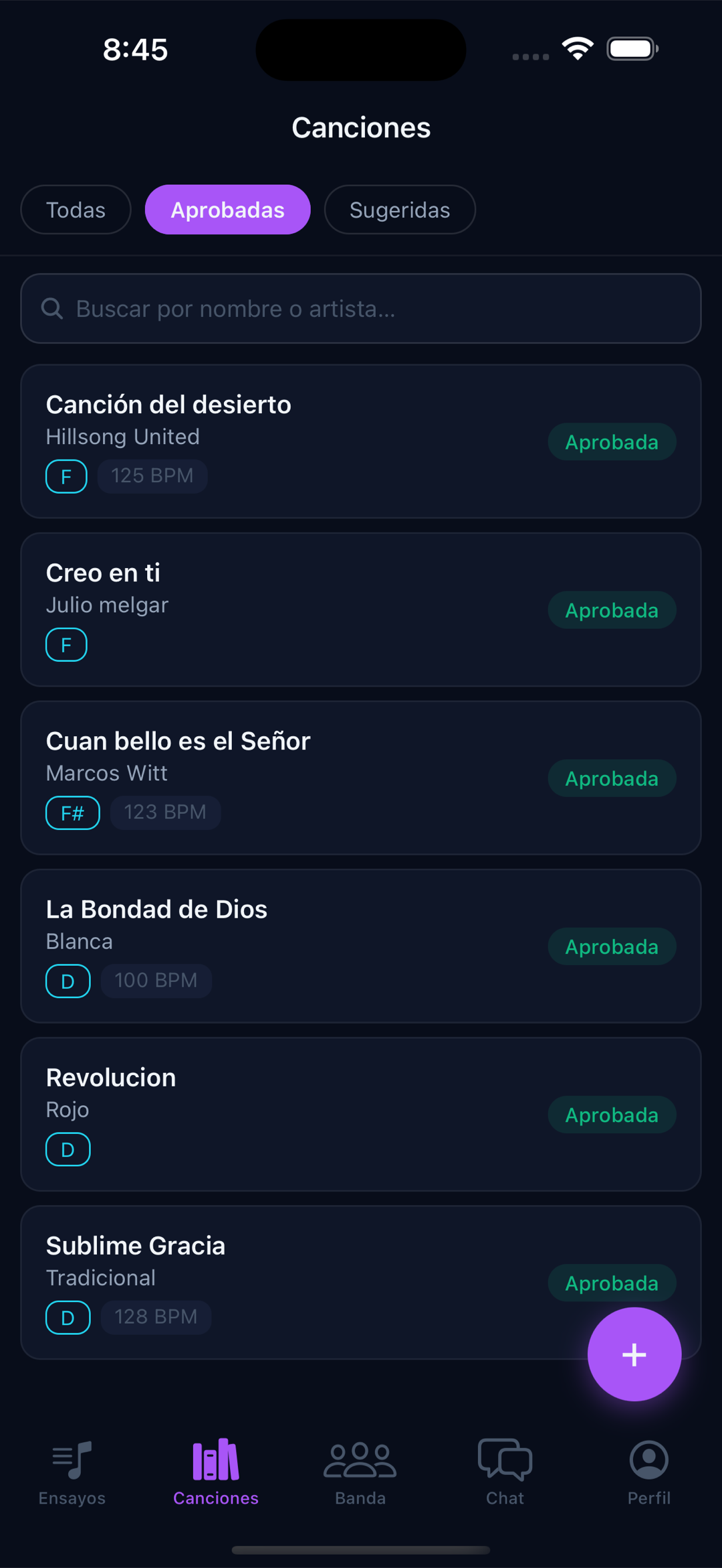 Song library list in the Crescendo mobile app